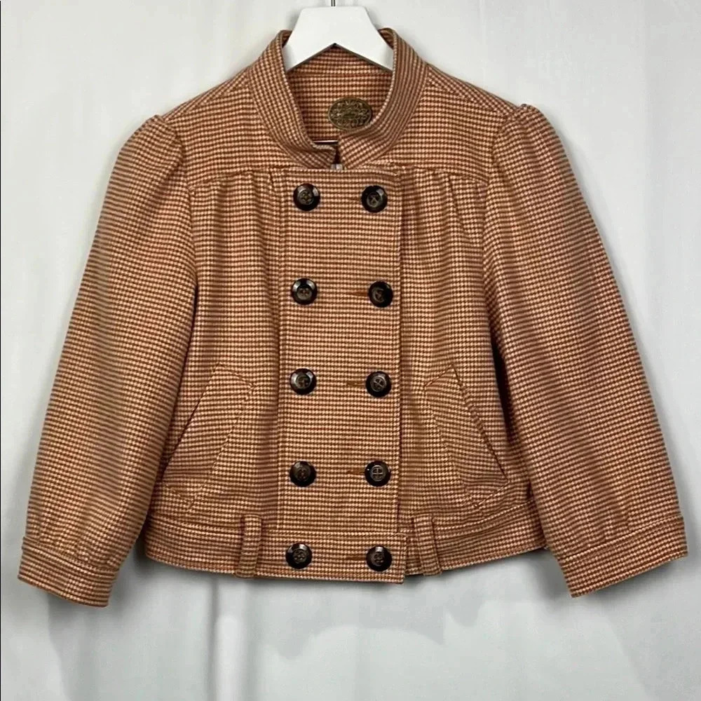 Idra Womens Jacket Apricot/Cream 4 Houndstooth Check Front Zip Pockets Short New